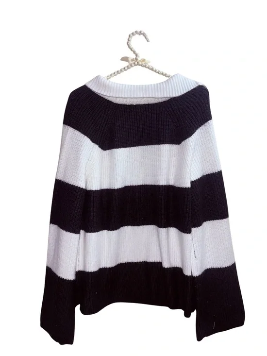 Liz Claiborne Black and White Striped Shawl-Collar Sweater - Picture 4 of 4